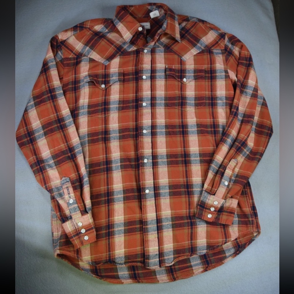 Stetson Mens Plaid Western Snap Button Shirt L Orange Brown Long Sleeve Cowboy